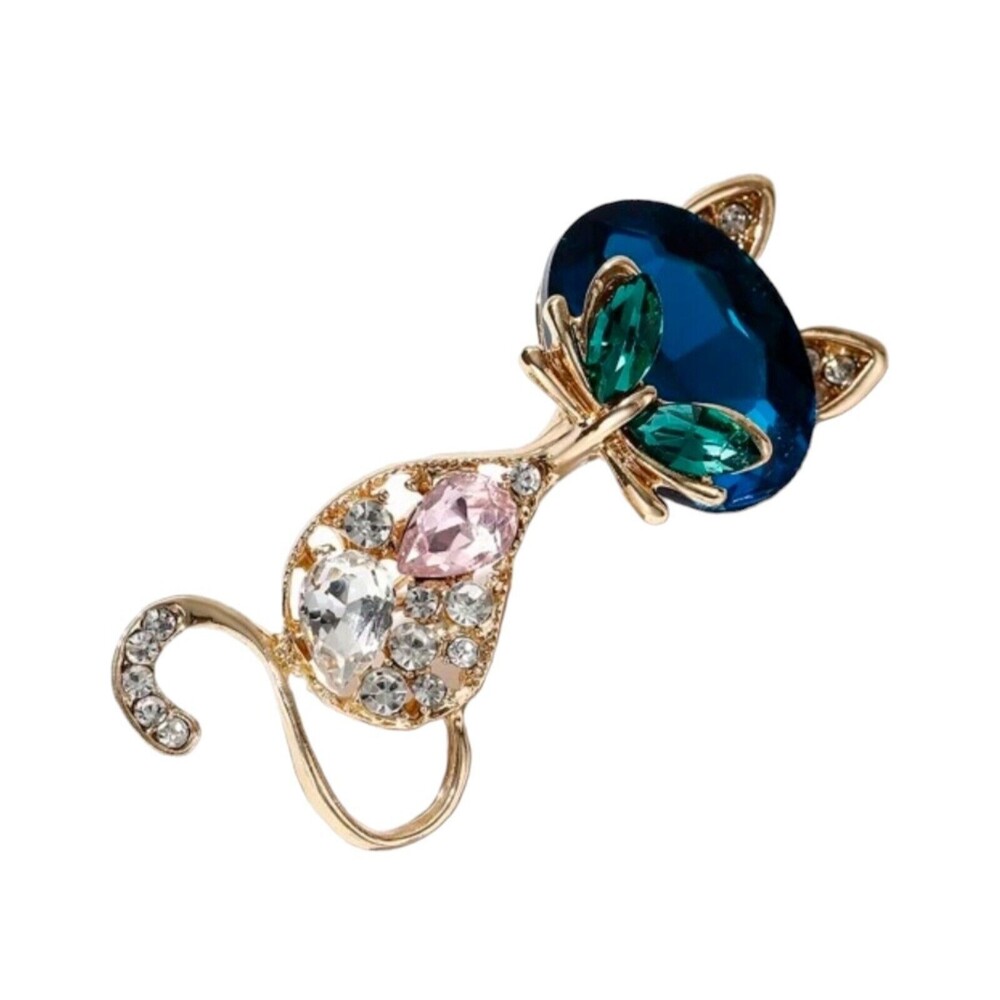 Cat Siluet pin Large Blue faceted Gemstone & Rhinestones 2.5 in Statement Brooch - Picture 3 of 10